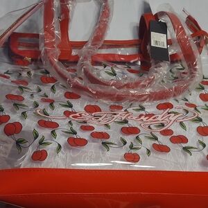 NWT Ed Hardy Red Cherry Print Clear Tote With Clear Mini Zip Bonus Little Bag